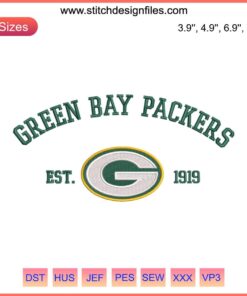 Green Bay Packers 1919 NFL Embroidery Design: Digital Stitching, American Football Team Logo, Green & Gold Thread Pattern