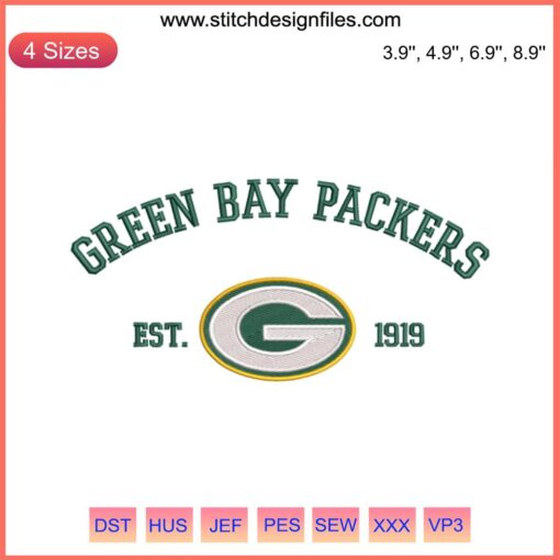 Green Bay Packers 1919 NFL Embroidery Design: Digital Stitching, American Football Team Logo, Green & Gold Thread Pattern