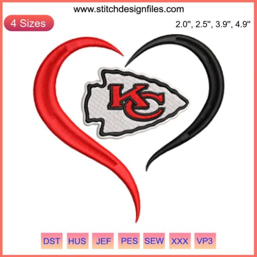 Kansas City Chiefs Heart Embroidery Design, NFL Football Lover Digital Stitching, Passionate Fan Pattern