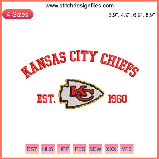 Kansas City Chiefs Embroidery Design: Est. 1960, Champion Digital Stitching, NFL Team Logo, Red and Gold Threads