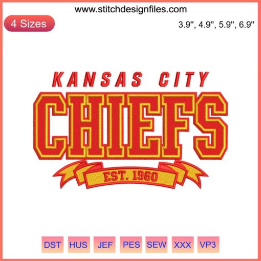 Kansas City Chiefs Embroidery Design: Red "KC Chiefs Est. 1960" Logo, Football Theme, Digital Stitching File