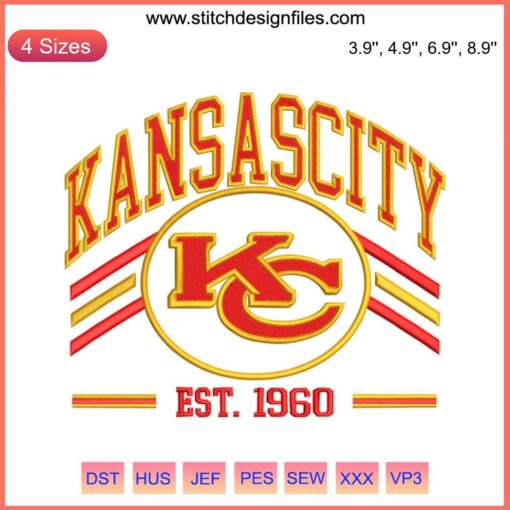 Vintage Kansas City Chiefs Est. 1960 Embroidery Design, NFL Football Digital Stitching, KC Chiefs Logo, Retro Sports Art