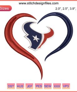 NFL Houston Texans Heart Embroidery Design, featuring team logo & colors, perfect for football fans. Texan stitching theme.