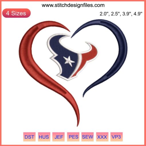 NFL Houston Texans Heart Embroidery Design, featuring team logo & colors, perfect for football fans. Texan stitching theme.