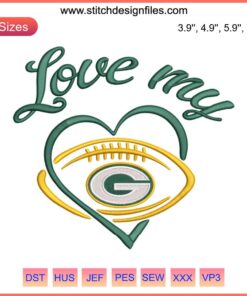Love My Green Bay Packers Embroidery Design: Digitized Football Logo for Packers Fans | Machine Embroidery File