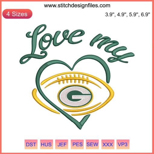 Love My Green Bay Packers Embroidery Design: Digitized Football Logo for Packers Fans | Machine Embroidery File