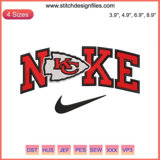 Kansas City Chiefs x Nike logo NFL football embroidery design, digitizing service, high-quality stitching template.
