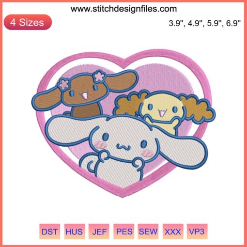 Cinnamoroll Mocha Chiffon Embroidery | Sanrio Valentine Heart Design: Cute Character Digital Stitching Pattern