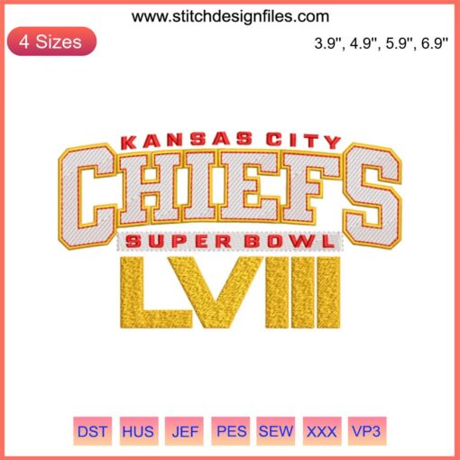 Kansas City Chiefs Super Bowl LVIII football embroidery design, digital stitching pattern, team logo, sports crafting.