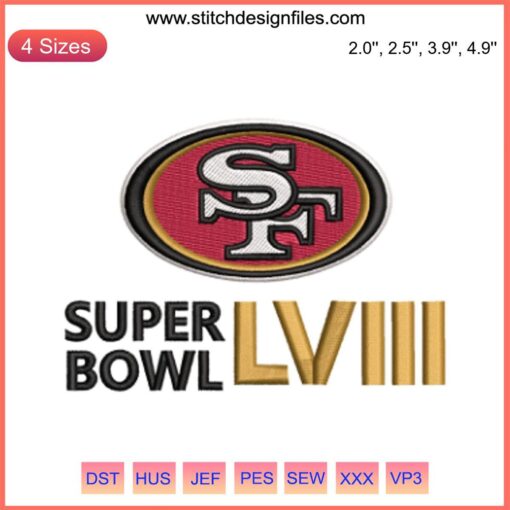 San Francisco 49ers Super Bowl LVIII Embroidery Design, featuring intricate football stitching and LVIII logo.
