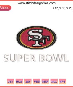 San Francisco 49ers Super Bowl embroidery design, NFL football digital stitching, vibrant team logo, perfect for fan apparel.
