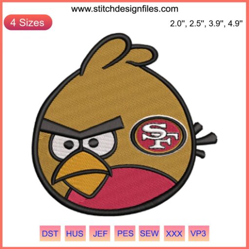 Cartoon-style San Francisco 49ers bird logo embroidery design, digital stitch pattern for football enthusiasts.