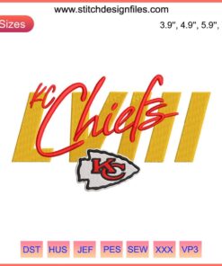 KC Chiefs LVIII Logo Embroidery Design, NFL digital stitching, vibrant red and gold team emblem for football apparel.