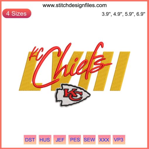 KC Chiefs LVIII Logo Embroidery Design, NFL digital stitching, vibrant red and gold team emblem for football apparel.
