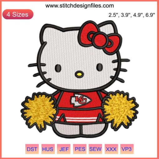 Hello Kitty Cheerleader KC Chiefs Embroidery Design, Digital Football Stitching, Cute Fan Art, Kansas City Chiefs Embroidery.