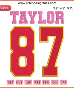 Taylor Numbers 87 Embroidery Design featuring Travis Kelce & Taylor Swift, digital stitching art, perfect for creative textile projects.