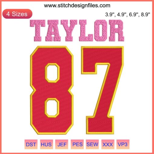 Taylor Numbers 87 Embroidery Design featuring Travis Kelce & Taylor Swift, digital stitching art, perfect for creative textile projects.
