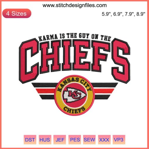 Chiefs Logo KC Embroidery Design featuring Travis Kelce, "Karma Is The Guy," digital stitching for Kansas City fans.
