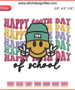 Retro Smiley Face 100 Days of School Embroidery Design, digital stitching, vibrant and playful retro-themed embroidery pattern.