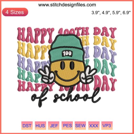 Retro Smiley Face 100 Days of School Embroidery Design, digital stitching, vibrant and playful retro-themed embroidery pattern.