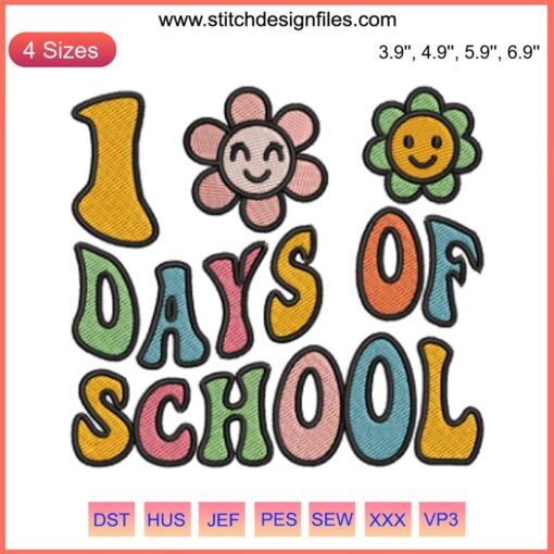 Colorful Groovy 100 Days of School Embroidery Design featuring retro fonts and patterns, perfect teacher gift for kids stitching projects.