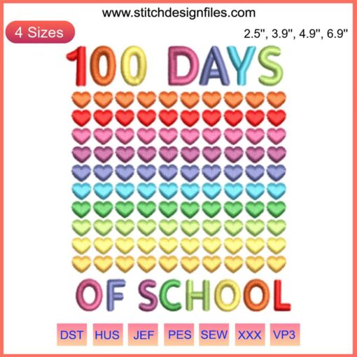 "Colorful hearts 100 days school embroidery design for teachers, digital stitching pattern, school-themed needlework motif."