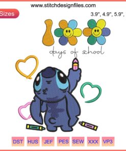 Disney Stitch 100 Days of School Embroidery Design, cute Stitch character motif on school theme, ideal teacher gift stitching pattern.