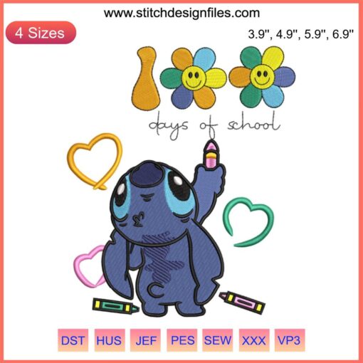 Disney Stitch 100 Days of School Embroidery Design, cute Stitch character motif on school theme, ideal teacher gift stitching pattern.