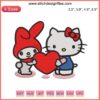 My Melody and Hello Kitty hugging heart embroidery design, Sanrio digital stitching, kawaii characters in pink thread.