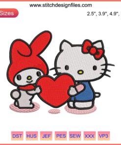 My Melody and Hello Kitty hugging heart embroidery design, Sanrio digital stitching, kawaii characters in pink thread.