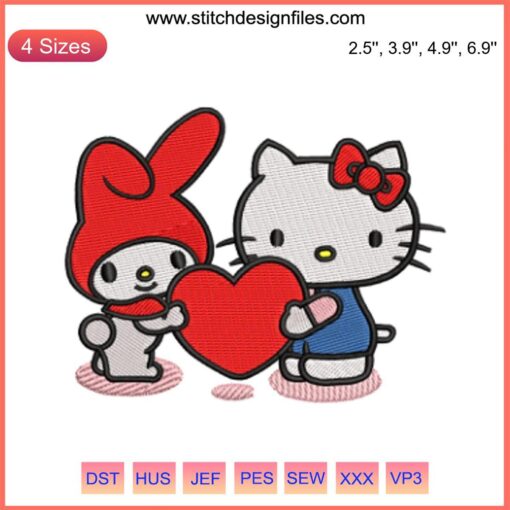 My Melody and Hello Kitty hugging heart embroidery design, Sanrio digital stitching, kawaii characters in pink thread.