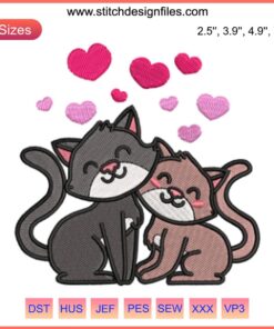 Adorable cat couple with hearts embroidery design, perfect for Valentine's stitching. Cat love embroidery pattern, digital download.