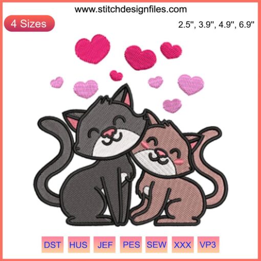 Adorable cat couple with hearts embroidery design, perfect for Valentine's stitching. Cat love embroidery pattern, digital download.