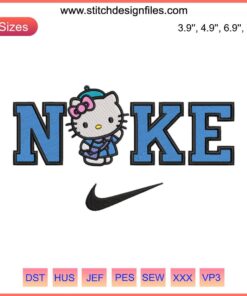 Nike Hello Kitty School Embroidery Design featuring a whimsical Hello Kitty with a backpack, perfect for fun digital stitching projects.