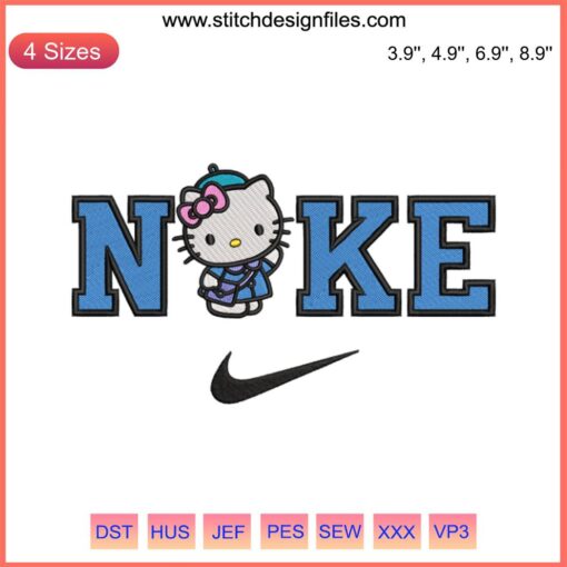 Nike Hello Kitty School Embroidery Design featuring a whimsical Hello Kitty with a backpack, perfect for fun digital stitching projects.