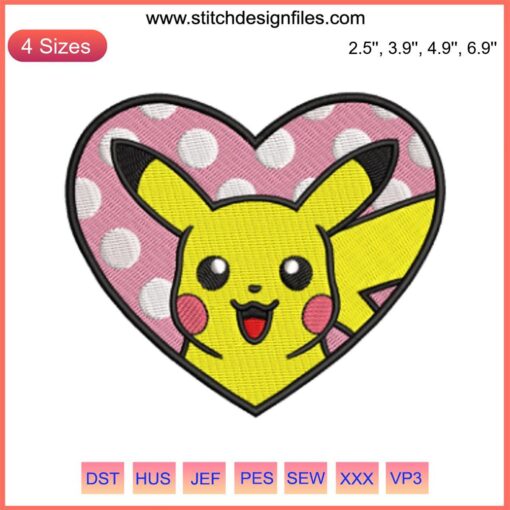Pikachu Heart Valentine Embroidery Design - Cute Pikachu holding a heart, perfect for romantic digital stitching projects.