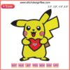 Adorable Pikachu holding a heart, perfect for Valentine's Day embroidery designs. Pikachu Valentine digital stitching pattern.