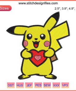 Adorable Pikachu holding a heart, perfect for Valentine's Day embroidery designs. Pikachu Valentine digital stitching pattern.