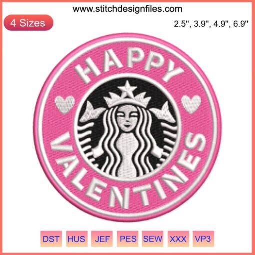 Valentine's Starbucks Embroidery Design: Heart-shaped stitching with Starbucks logo, perfect for coffee lovers, digital download.