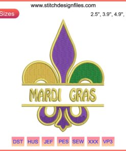 Mardi Gras Masquerade Embroidery Design featuring colorful mask, beads, and festive elements for digital stitching projects.
