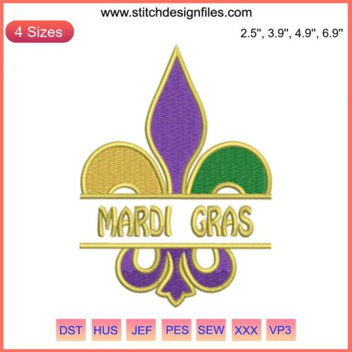 Mardi Gras Masquerade Embroidery Design featuring colorful mask, beads, and festive elements for digital stitching projects.