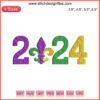 Colorful 2024 Mardi Gras Embroidery Design featuring vibrant masks, beads, and "Happy Mardi Gras" in digital stitching.