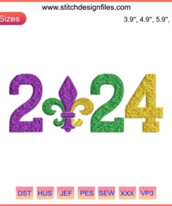 Colorful 2024 Mardi Gras Embroidery Design featuring vibrant masks, beads, and "Happy Mardi Gras" in digital stitching.