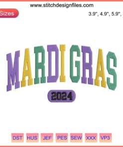 Mardi Gras 2024 Embroidery: Colorful masks, beads, and confetti in vibrant Fat Tuesday stitching pattern. Perfect for festive projects.