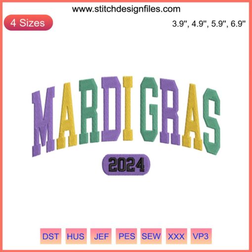 Mardi Gras 2024 Embroidery: Colorful masks, beads, and confetti in vibrant Fat Tuesday stitching pattern. Perfect for festive projects.
