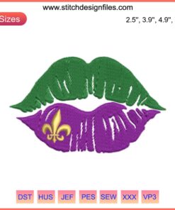 Mardi Gras Lips Embroidery Design: Vibrant lips with Mardi Gras colors, ideal for festive stitching projects.
