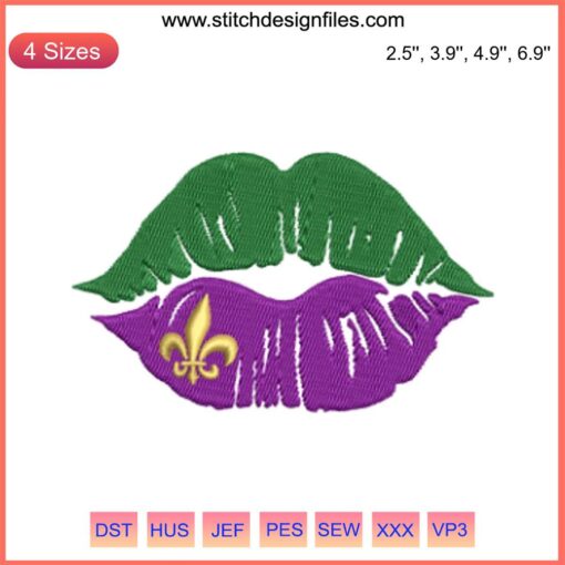 Mardi Gras Lips Embroidery Design: Vibrant lips with Mardi Gras colors, ideal for festive stitching projects.