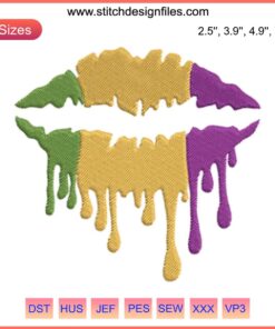 Mardi Gras-themed lips dripping with vibrant colors embroidery design, perfect for digital stitching projects.