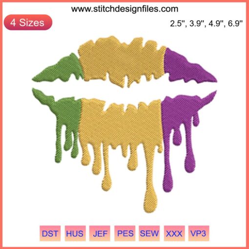 Mardi Gras-themed lips dripping with vibrant colors embroidery design, perfect for digital stitching projects.