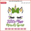 Colorful Mardi Gras Unicorn Embroidery Design featuring a unicorn with festive beads, mask, and vibrant patterns for digital stitching.